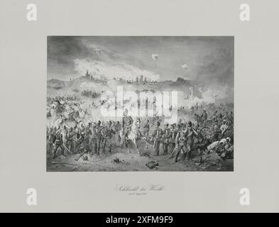 Gravur der Schlacht bei Wörth am 6. August 1870. 1872 die Schlacht bei Wörth, auch als Schlacht bei Reichshoffen oder als Schlacht bei Frœschwiller bekannt, die am 6. August 1870 in der Anfangsphase des Deutsch-Französischen Krieges stattfand (die erste Schlacht bei Wörth fand am 23. Dezember 1793 während der Französischen Unabhängigkeitskriege statt). In der zweiten Schlacht besiegten deutsche Truppen unter dem Kommando von Kronprinz Friedrich und unter der Leitung seines Stabschefs, General Leonhard Graf von Blumenthal, die Franzosen unter Marschall MacMahon nahe dem Dorf Woerth im Elsass, an der sauer, 10 Kilometer Stockfoto