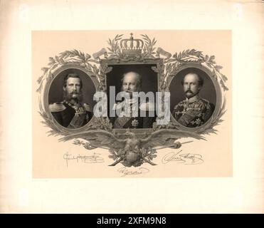 Das Jahr der drei Kaiser. Kaiser Wilhelm I., Kronprinz Friedrich Wilhelm und Prinz Friedrich Karl. 1871 Stockfoto