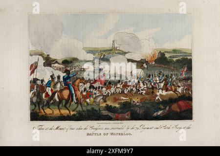 Vintage-Farblithographie der Schlacht von Waterloo. 1816 aufgenommen, als die Curassiers in der Schlacht von Waterloo von dem 79. Regiment und Scotch Greys umzingelt wurden. Stockfoto