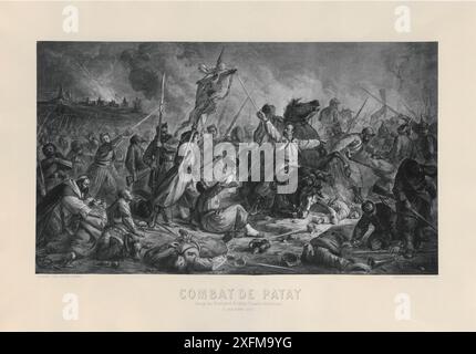 Schlacht von Patay während des Deutsch-Französischen Krieges: Angriff der westlichen Freiwilligen (Veteranen des päpstlichen zouaves), (2. Dezember 1870). 1871 waren die päpstlichen Zouaves (italienisch Zuavi Pontifici) ein Infanterie-Bataillon, später Regiment, das der Verteidigung der päpstlichen Staaten gewidmet war. Nach der Eroberung Roms durch Viktor Emmanuel 1870 boten 760 französische Soldaten des aufgelösten Papstes Zouaves, angeführt von Colonel de Charette, der französischen Regierung für nationale Verteidigung ihren Dienst an. Sie wurden in Légion de Volontaires de l’Ouest (Legion der Freiwilligen des Westens) umbenannt. Dabei bleibt ihr graues und rotes P erhalten Stockfoto