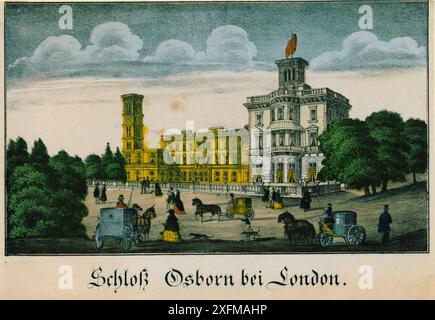 Farblithographie von Osborne House in der Nähe von London. 1858 Osborne House ist eine ehemalige königliche Residenz in East Cowes, Isle of Wight, Großbritannien. Das Haus wurde zwischen 1845 und 1851 für Königin Victoria und Prinz Albert als Sommerhaus und Rückzugsort auf dem Land erbaut. Stockfoto