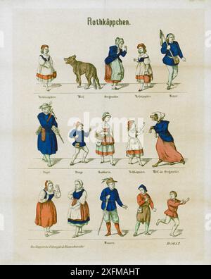 Farblithographie des Kinderpapiertheaters. Blatt der Theaterfiguren zum Schneiden: Rotkäppchen (Rothkäppchen), 1870 Stockfoto