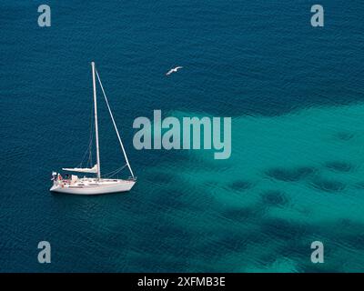 Das Boot überquert das Mittelmeer mit dunklen Gewässern, die Betten von mediterranem Seegras (Posidonia oceanica), westlichem Mittelmeer, Ibiza UNESCO-Weltkulturerbe, Spanien zeigen Stockfoto