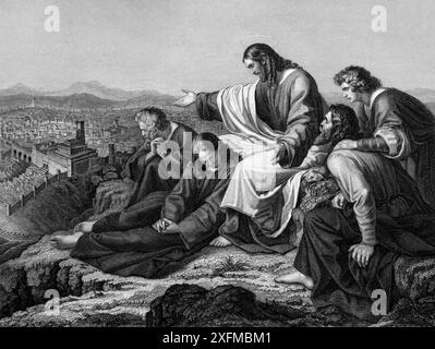 Illustration von Jesus Christus auf dem Ölberg mit Blick auf den Tempel des Herodes, der die Zerstörung Jerusalems voraussagt und es den Jüngern P erzählt Stockfoto