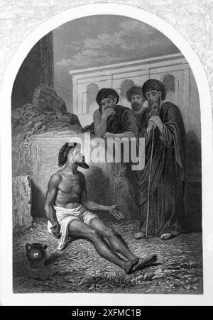 Gravur von Hiobs Freunden Eliphaz, Bildad und Zophar beraten ihn, nachdem er alles verloren hat, sagt Eliphaz der Terminit: „Wer kann sich zurückhalten fr Stockfoto