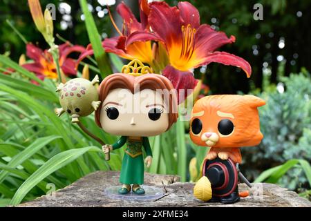 Funko Pop Actionfiguren der Prinzessin Fiona und Puss in Boots aus dem beliebten Zeichentrickfilm Shrek. Märchenwald, Baumstumpf, orange Blumen, fabelhaft. Stockfoto