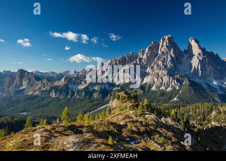 Blick über Cristallo und die Dolomiten aus Ciadin del Luodo, Provinz Belluno, Venetien, Italien, September 2015. Stockfoto