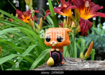 Funko Pop Actionfigur von Puss in Stiefeln mit gefiedertem Hut aus dem Zeichentrickfilm Shrek. Märchenwald, Baumstumpf, orange Blumen, fabelhafter Charakter. Stockfoto