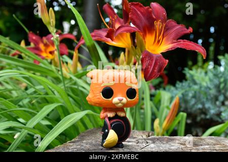 Funko Pop Actionfigur von Puss in Stiefeln mit gefiedertem Hut aus dem Zeichentrickfilm Shrek. Märchenwald, Baumstumpf, orange Blumen, fabelhafter Charakter. Stockfoto