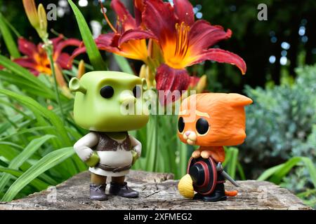 Funko Pop Actionfiguren von Oger Shrek und Puss in Boots aus populärem Zeichentrickfilm. Märchenwald, Baumstumpf, orange Blumen, fabelhafte Charaktere. Stockfoto