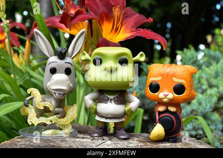 Funko Pop Actionfiguren von Esel, Oger Shrek und Puss in Boots aus dem Zeichentrickfilm. Märchenwald, Baumstumpf, orange Blumen, fabelhafte Charaktere. Stockfoto