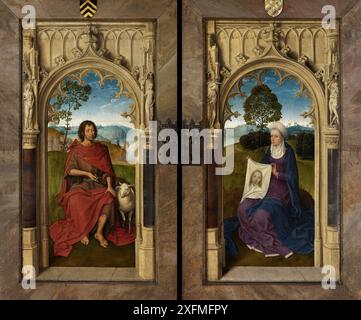 Triptychon von Jan Floreins, Reverse: Saint John the Baptist und Saint Veronica. Museum: Memlingmuseum, Brügge. Autor: HANS MEMLING. Stockfoto