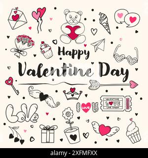 Handgezeichnet Happy valentine Day Kritzeleien niedliche Elemente. Stock Vektor