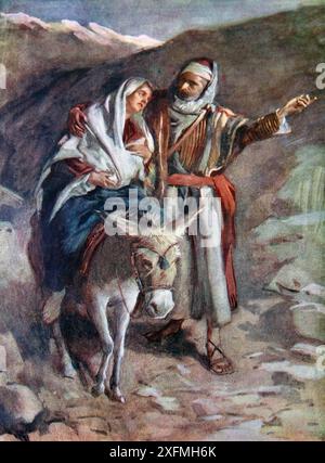 Illustration des Fluges nach Ägypten (Matthäus) - Jungfrau Maria hält das Jesuskind auf einem Esel, geführt von Joseph, der nach Ägypten flüchtet, von Harold, der sich fro abschnappt Stockfoto