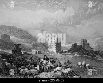 Gravur der Ruinen des Diana-Tempels in Ephesus Türkei aus dem antiken 19. Jahrhundert die kaiserliche illustrierte Bibel gezeichnet von J. D Aushärtung aus Skizze durch W. Seite Stockfoto