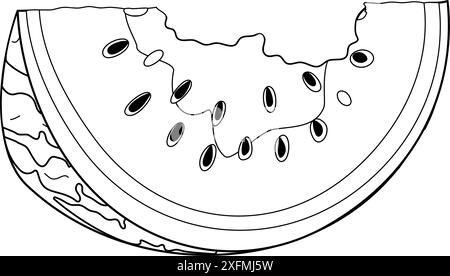Wassermelonenrinde Art. Gebissene Wassermelonenscheibe mit Schale und Fleisch mit schwarzen Samen. Handgezeichnete, trendige Schwarzweiß-Malseite im Doodle-Stil. Organische Abfälle. Vektorabbildung Stock Vektor