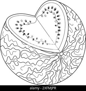 Frische, offene Wassermelonen-Kunst. Cartoon Reife Cut Wassermelonenherz. Hand gezeichnet Doodle Stil isoliert Malbuch Bio natürliches Dessert, gesunde süße saftige Sommerfrucht. Vektorabbildung Stock Vektor