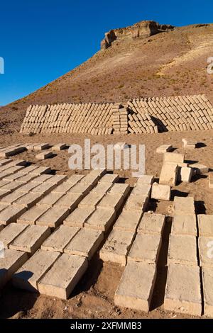 Adobe Schlamm Ziegel trocknen und bereit für den Einsatz gestapelt. Bolivien, Dezember 2016. Stockfoto