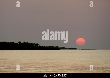 Sonnenuntergang über dem Atlantik, Orango-Inseln-Nationalpark, Bijagos UNESCO Biosphärenreservat, Guinea-Bissau, Februar 2015. Stockfoto