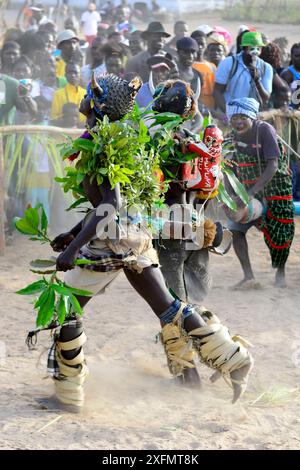 Tänzer und Zuschauer beim Karneval, Eticoga, Orango Island, Bijagos UNESCO Biosphärenreservat, Guinea Bissau, Februar 2015. Stockfoto