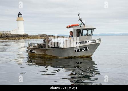 Lokales Fischerboot mit Hummertöpfen an Bord, Holy Island im Hintergrund, Lamlash Bay, Isle of Arran, South Arran Marine Protected Area, Schottland, Großbritannien, August 2016. Stockfoto