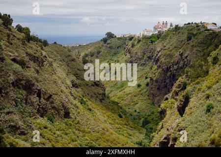 Moya Dorf thront auf einer Klippe oberhalb Moya Schlucht, Doramas Landschaftsparks, Gran Canaria, Kanarische Inseln, Juni 2016. Stockfoto