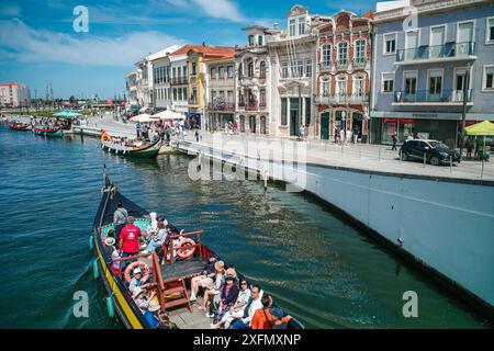 Die malerischen Boote gleiten entlang der malerischen Kanäle von Aveiro, oft auch als „Venedig von Portugal“ bezeichnet, und zeigen den einzigartigen Charme und das maritime Erbe der Stadt. Stockfoto