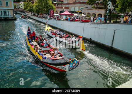 Die malerischen Boote gleiten entlang der malerischen Kanäle von Aveiro, oft auch als „Venedig von Portugal“ bezeichnet, und zeigen den einzigartigen Charme und das maritime Erbe der Stadt. Stockfoto