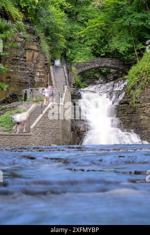 Vertikales Foto eines Wasserfalls mit einem Pfad / Betontreppe, Cascadilla Gorge Trail, in Ithaca, NY, USA. Stockfoto