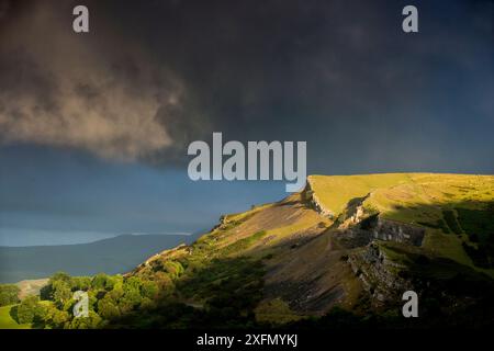 Eglwseg Escarpment, Tauchbetten aus Karbon, Kalkstein aus der Dinantischen Zeit. Rückseite des Hügels parallel zu den Bettenlagen mit abfallender Schürfwand durch die Betten, Llangollen, Wales, Großbritannien, September 2016 Stockfoto
