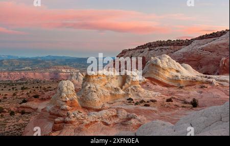 Versteinerte Sanddünen-Sandsteinformationen mit erodierten geschichteten Mustern, mit Blick auf das Vermilion Cliffs National Monument in Arizona, USA. November. Stockfoto