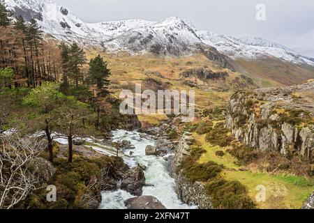 Blick auf die Ogwen Falls von der Brücke über die A5 Straße mit dem Nant Francon Valley und dem Foel Goch Berg im Hintergrund Snowdonia, North Wales, UK, März. Stockfoto