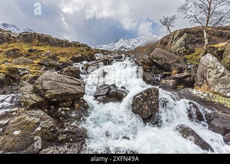 Idwal Falls auf dem Weg von Idwal Cottage bei Llyn Ogwen bis Llyn Idwall und die Teufelsküche mit dem Gipfel von Y Garn im Hintergrund Snowdonia North Wales, Großbritannien, März 2017. Stockfoto