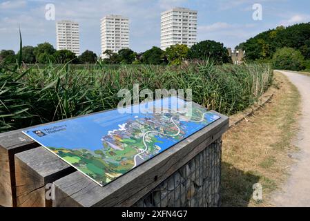 Karte des urbanen Naturschutzgebiets mit Turmblöcken in der Ferne, Woodberry Wetlands, ehemals Stoke Newington Stauseen, Hackney, England. Großbritannien, August 2016. Stockfoto