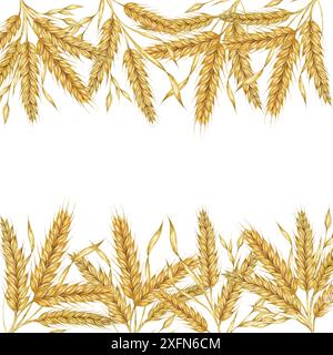 Vierkantrahmen aus Weizenohren. Gerstenstiele Aquarelldesign für Brotverpackungen und Branding für Bäckerei. Rustikales Clipart für Hochzeitseinladungen in der Scheune, Datum speichern, Thanksgiving, Shavuot, Etiketten und Geschenkanhänger Stockfoto