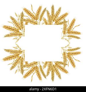 Vierkantrahmen aus Weizenohren. Gerstenstiele Aquarelldesign für Brotverpackungen und Branding für Bäckerei. Rustikales Clipart für Hochzeitseinladungen in der Scheune, Datum speichern, Thanksgiving, Shavuot, Etiketten und Geschenkanhänger Stockfoto