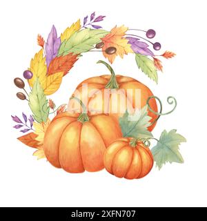 Herbstblätter und orangefarbene Kürbiskränze. Farbenfrohe gelbe, orange, rote, lila Laub und Kürbis-Clipart. Runder Rahmen Design-Element für herbstliche Dekoration, Erntedankfest, Karten, Geschenkanhänger, Stockfoto