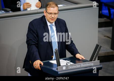 Berlin, Deutschland. Juli 2024. Ulrich echte, Mitglied des Deutschen Bundestages, FDP, spricht in der Plenarsitzung des Bundestages. Berlin, 4. Juli 2024. Quelle: dpa/Alamy Live News Stockfoto