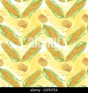 goldenes Maismuster und Kerne nahtloses Muster, herbstliches Textil, Cobs auf gelbem abstrakten Aquarellhintergrund. Zuckermaisdruck für Kleidung, Tapeten, Küche, Stoff, Lebensmittelverpackung, Thanksgiving Stockfoto