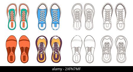 Herrenschuhe Turnschuhe im Cartoon-Stil. Linie Freizeitschuhe für Herren. Design für Malbuch. Vektorillustration auf weißem Hintergrund isoliert. Stock Vektor