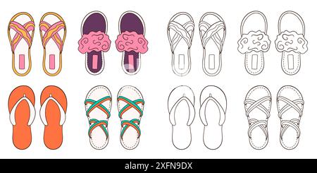 Damenschuhe Kollektion für Sommer und Zuhause im Cartoon-Stil. Line Art Freizeitschuhe zum Ausmalen von Büchern. Vektordarstellung isoliert auf einem Stock Vektor