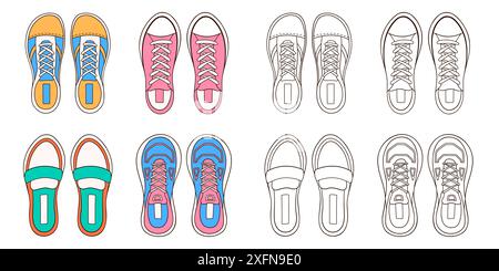 Damen-Turnschuhe im Cartoon-Stil. Line Art Freizeitschuhe Symbol. Design für Malbuch. Vektorillustration auf weißem Hintergrund isoliert. Stock Vektor