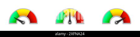 Satz von Symbolen für Messgeschwindigkeiten. Infografik-Messelemente. Sammlung von bunten Tachometerschildern mit Schatten. Illustration des flachen Vektors Stock Vektor