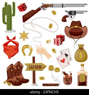 Vintage-Ikonen aus dem Wilden Westen und Texas. Sheriff-Star, Cowboyhut, Pistole, Whiskey und Hand mit Lasso, isoliert auf weißem Hintergrund. Vektor-Flat-Cartoon i Stock Vektor