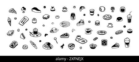 Niedliches Leinen-Doodle, großes Essensset. Minimalistische Ikonen für Restaurants, Cafés, Konditoreien, Bäckerei, Süßwaren, Coffeeshop-Menü. Heiße und kalte Getränke. Aesthet Stock Vektor