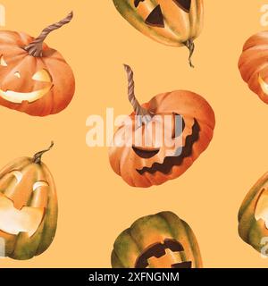 Beigefarbener Hintergrund. Nahtloses Halloween-Muster mit leuchtend orangen Kürbissen mit geschnitzten Gesichtern, die klassische Weihnachtsmotive einfangen. Aquarell Stockfoto