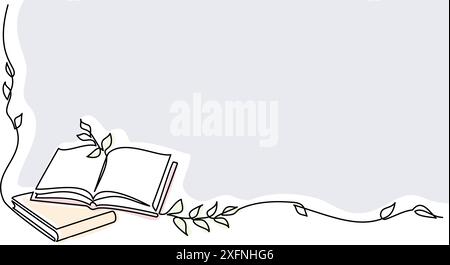 Geöffnetes Buch mit Eckrahmen für Verzweigung der Blätter. Durchgehende einzeilige Zeichnung Stock Vektor