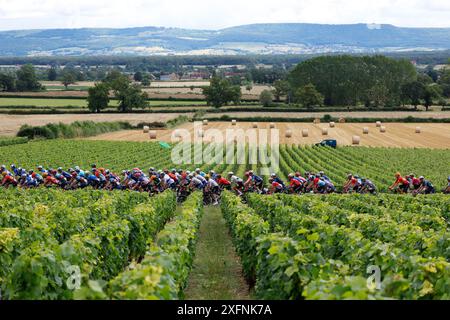 DIJON, FRANKREICH - 4. JULI : während der 6. Etappe des 111. Rennens der Tour de France 2024, eine Etappe von 163,5 km mit Start in Macon und Ende in Dijon am 4. Juli 2024 in Dijon, Frankreich, 04.07.2024( Foto: Jan de Meuleneir/Pool/GodingImages) Stockfoto