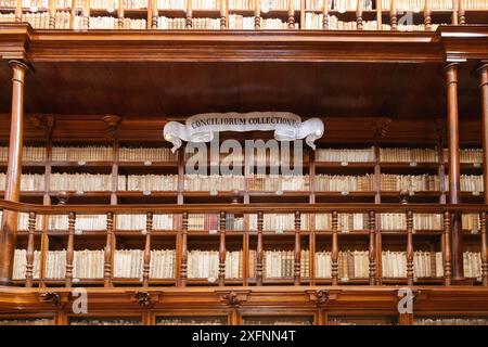 Alte Bücherregale in der Biblioteca Palafoxiana, oder die Palafoxiana-Bibliothek im Inneren, gegründet 1646, älteste Bibliothek Amerikas; Puebla, Mexiko Stockfoto