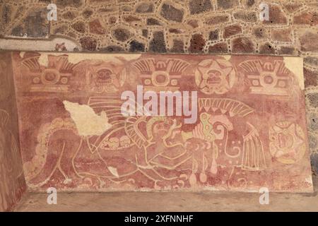 Mesoamerikanische Kunst, Teotihuacan-Wandgemälde; Gemälde einer Katze, möglicherweise eines jaguar; Palast von Quetzalpapálotl; altes prähispanisches Teotihuacan; Mexiko Stockfoto